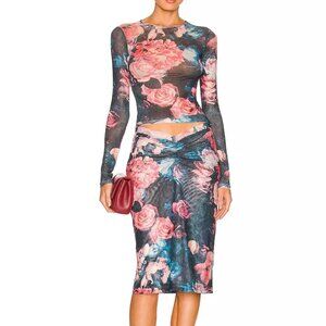 Miaou Sz XL NWT Preston Midi Skirt Blue Pink Rose Print Stretch Plus Size Ruched